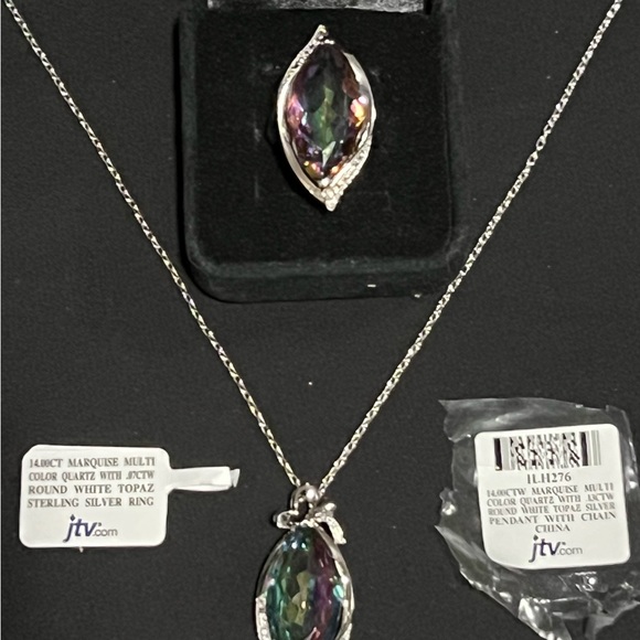 3 pc BEAUTIFUL STERLING SILVER & LARGE MYSTIC TOPAZ RING 8 & Pendant 14CTW ea - Picture 6 of 8